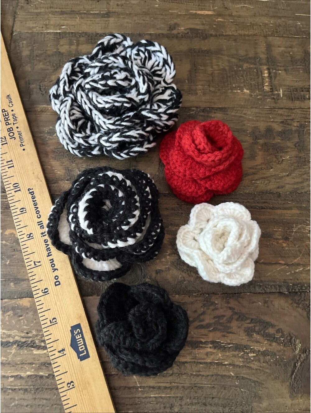 5x Handmade Crochet 3D Rose Flower Appliques Bundle Mixed Sizes Red Black White